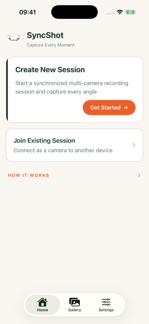 SyncShot iPhone home screen with Create New Session and Join Existing Session