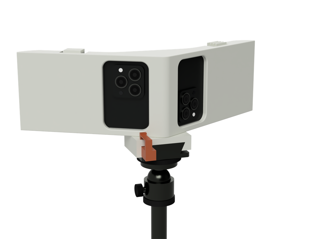 The SyncShot mount holding two camera iPhones, with the tripod head and short pole